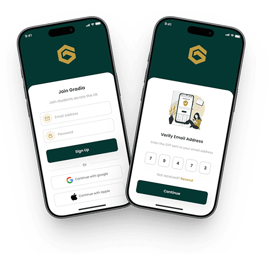Gradia account creation and student verification screens