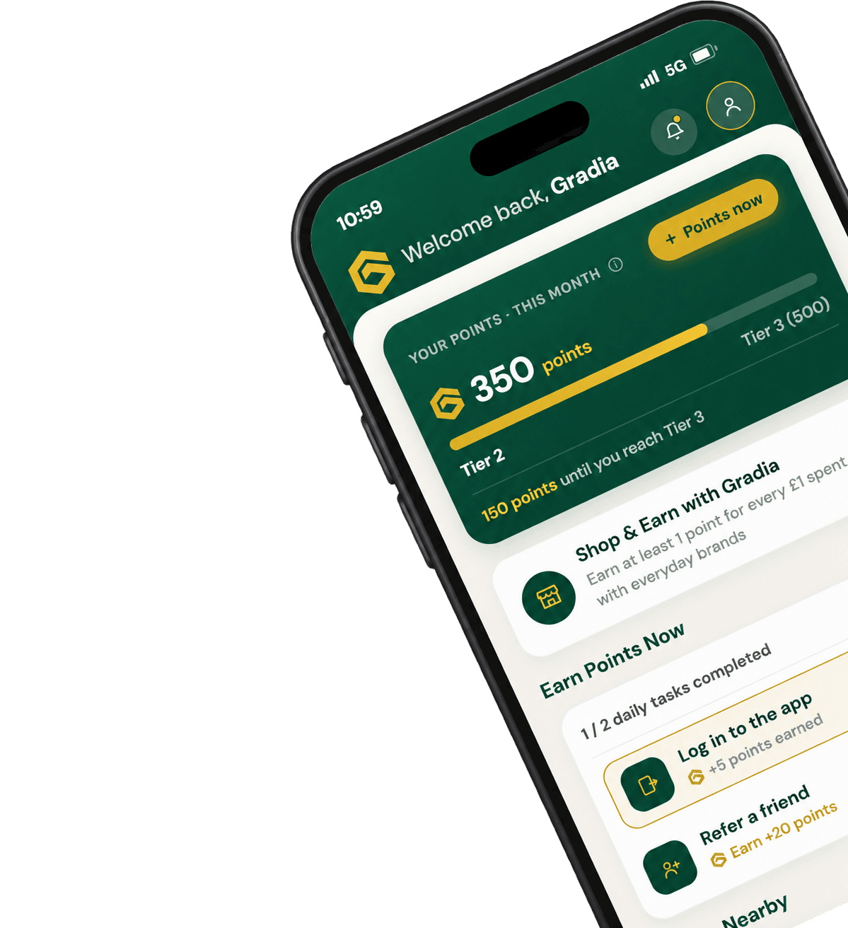 Gradia app home screen showing points and ways to earn