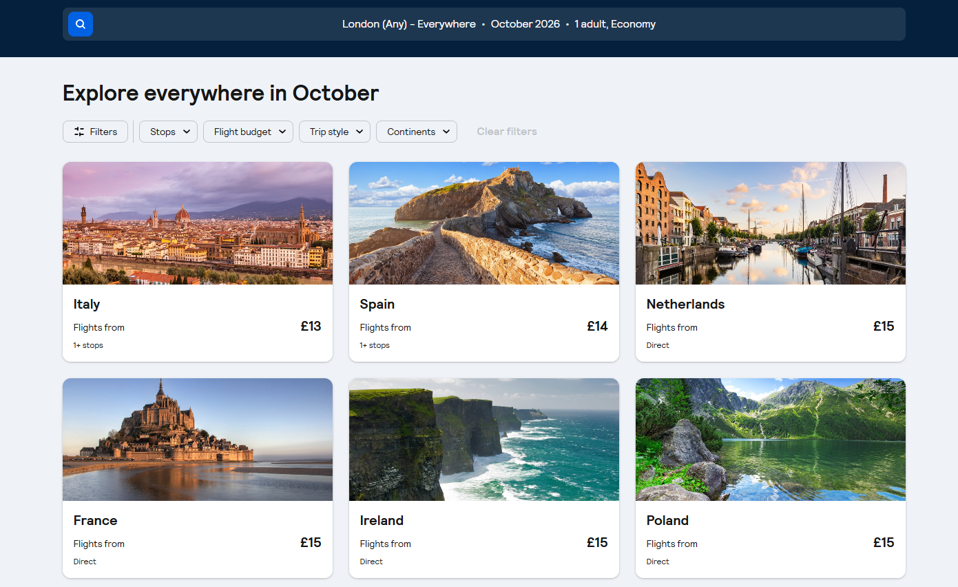 A flight search set from London to “Everywhere”, listing cheap destinations like Lisbon, Krakow and Budapest